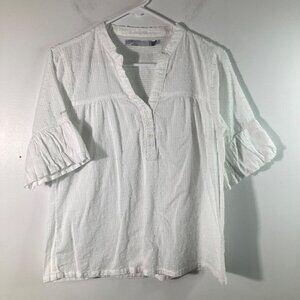 Womens Prana Swiss Dot 1/2 Button Pullover Blouse 1/2 Bell Sleeve White M Cotton